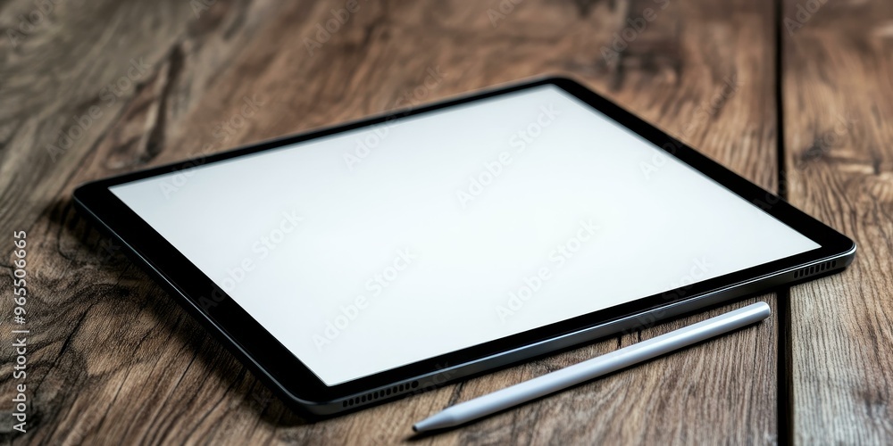 Tablet and stylus on wooden table. Tablet and stylus on wooden table.