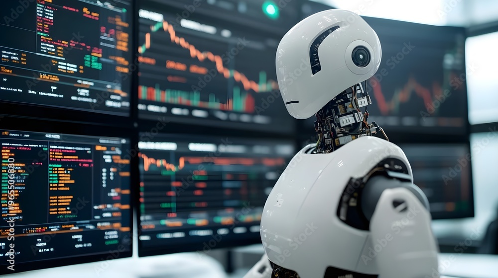 AI Robot Trading Stock Market Data on Monitors AI Robot Trading Stock Market Data on Monitors