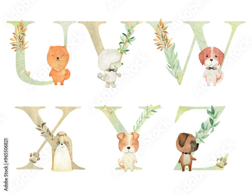 Vector watercolor dogs letters for invitation card, nursery poster and other.
