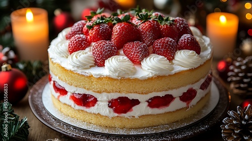 A beautifully decorated Japanese Christmas cake, fluffy sponge layers filled with whipped cream and topped with fresh strawberries, placed on a festive holiday table with glowing candles,