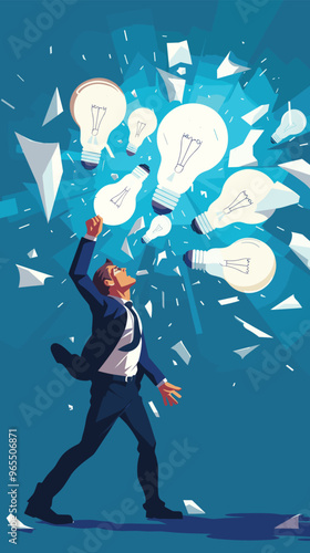 Ambitious Entrepreneur Throwing Broken Light Bulbs, Brainstorming Innovative Ideas