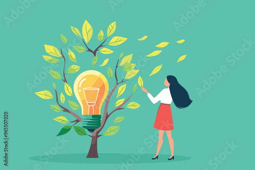 Aspiring Female Entrepreneur Nurturing Idea Tree Growing from Broken Light Bulb