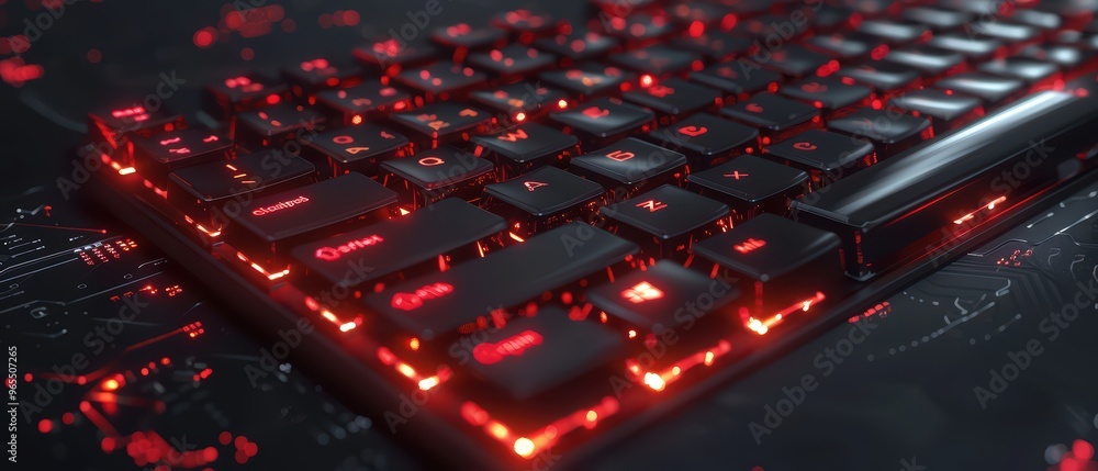 Close-up of a sleek, illuminated keyboard with red backlighting against a dark background, ideal for tech and gaming themes. Close-up of a sleek, illuminated keyboard with red backlighting against a dark background, ideal for tech and gaming themes.