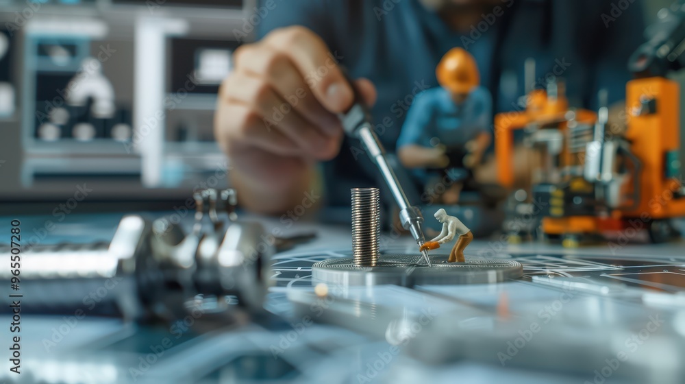 Close-up of a technician using a screwdriver on a miniature model, showcasing precision craftsmanship in a technical workspace. Close-up of a technician using a screwdriver on a miniature model, showcasing precision craftsmanship in a technical workspace.