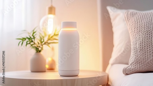 Smart water bottle with an LED light reminder for hydration, placed on a bedside table, representing modern health gadgets