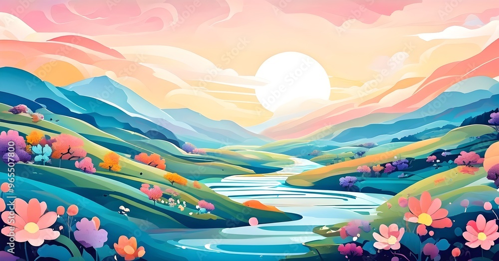Fototapeta premium Easter-themed abstract landscape with fluid, flowing lines representing hills, flowers, and hidden eggs in soft, pastel shades