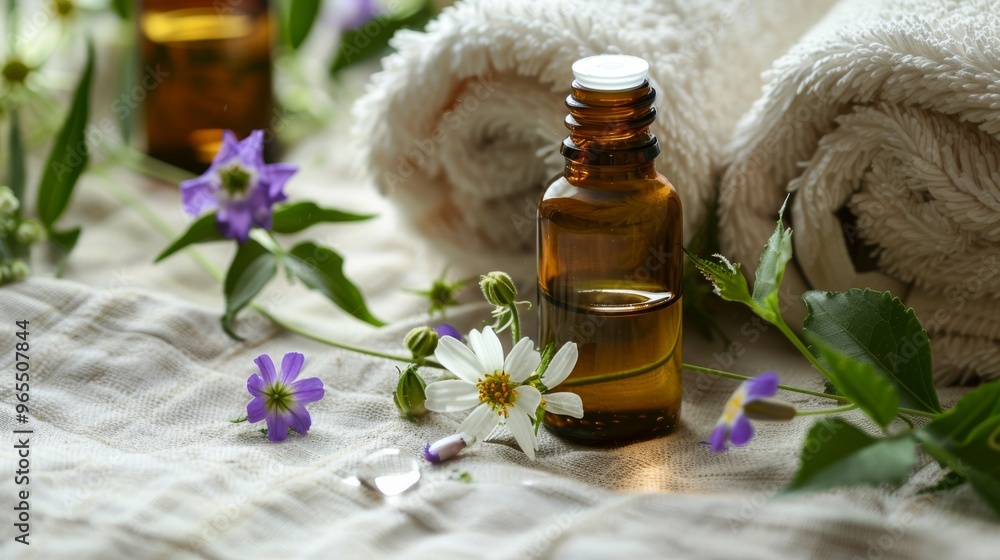 Essential oils and flowers in a peaceful spa ambiance Essential oils and flowers in a peaceful spa ambiance