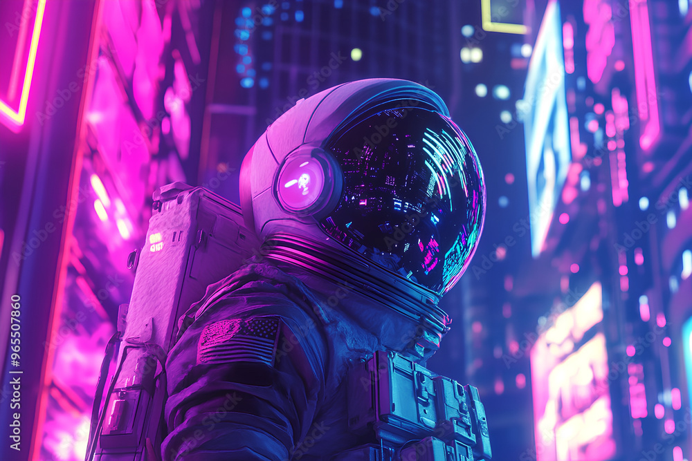An astronaut stands in a vibrant, neon-lit urban landscape, blending sci-fi and modernity. An astronaut stands in a vibrant, neon-lit urban landscape, blending sci-fi and modernity.