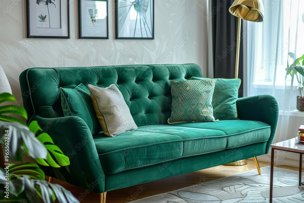 Modern Living Room with Emerald Green Velvet Sofa Bed and Gold Legs ...