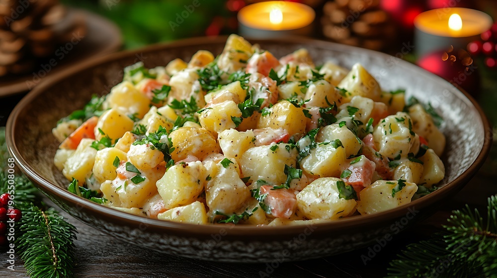 A beautifully presented Russian Olivier salad with finely diced potatoes, vegetables, and a creamy dressing, served in a festive bowl, surrounded by traditional Christmas decorations, A beautifully presented Russian Olivier salad with finely diced potatoes, vegetables, and a creamy dressing, served in a festive bowl, surrounded by traditional Christmas decorations,