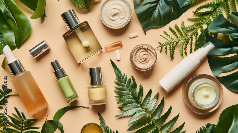 Flat lay of natural cosmetic products with green leaves Flat lay of natural cosmetic products with green leaves