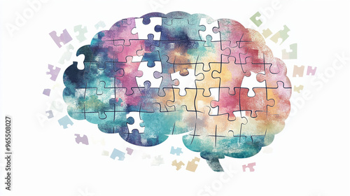 A stylized brain illustration with puzzle pieces missing