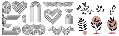 Zen arch set, simple line arch, botanical elements and geometric shapes. Geometric Japanese zen pattern minimal elements. Boho style strips.