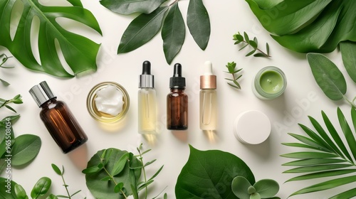 Flat lay of natural cosmetic products with green leaves