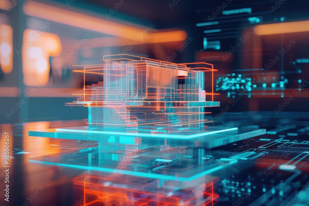 Futuristic architectural design featuring a digital model illuminated with neon colors, showcasing innovation in technology. Futuristic architectural design featuring a digital model illuminated with neon colors, showcasing innovation in technology.