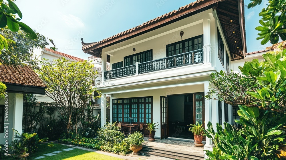 A white two-story house with a balcony and a lush green garden. A white two-story house with a balcony and a lush green garden.