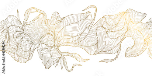 Vector line art deco gold leaves, flowers background. Vintage floral plant pattern, elegant japanese ornament, fancy royal poster