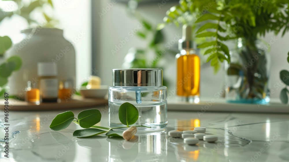 Glass container of skin care cream with natural spa treatment products and vitamins on a spotless surface Glass container of skin care cream with natural spa treatment products and vitamins on a spotless surface