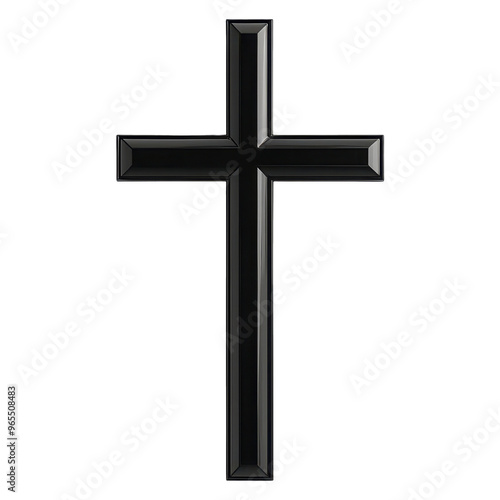 Glossy black metal cross with smooth finish clipart on transparent background