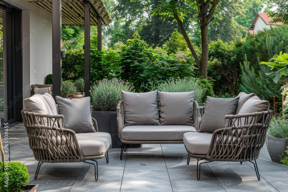Obraz premium Elegant Outdoor Garden Setting with Grey Cushion Sofa and Armchair Set, Black Metal Frame, and Grey Rope Wicker Material in Contemporary Design