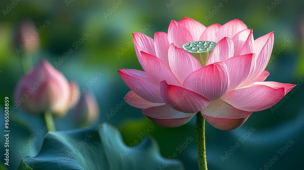 Pink Lotus Flower in Bloom with Green Leaves Pink Lotus Flower in Bloom with Green Leaves