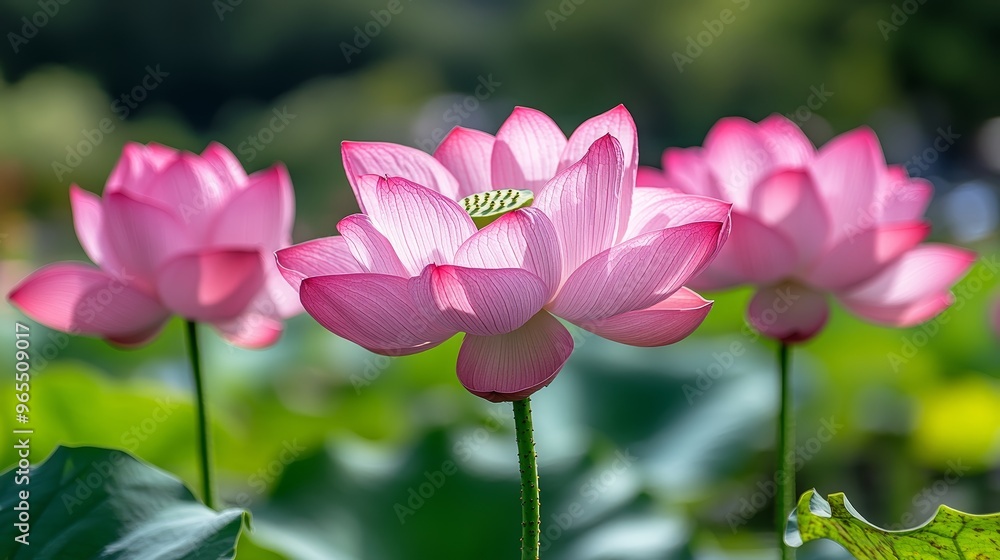 Pink Lotus Flowers Blooming in Green Garden Pink Lotus Flowers Blooming in Green Garden