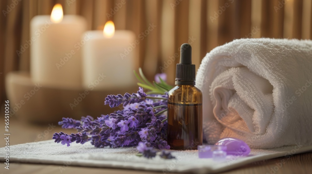 Lavender essential oil, white towel, and candle in peaceful spa still life Lavender essential oil, white towel, and candle in peaceful spa still life