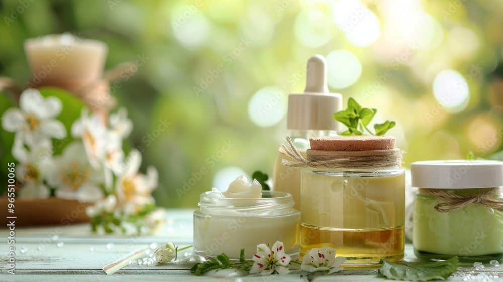 Jars of homemade skincare creams and lotions with natural decor Jars of homemade skincare creams and lotions with natural decor