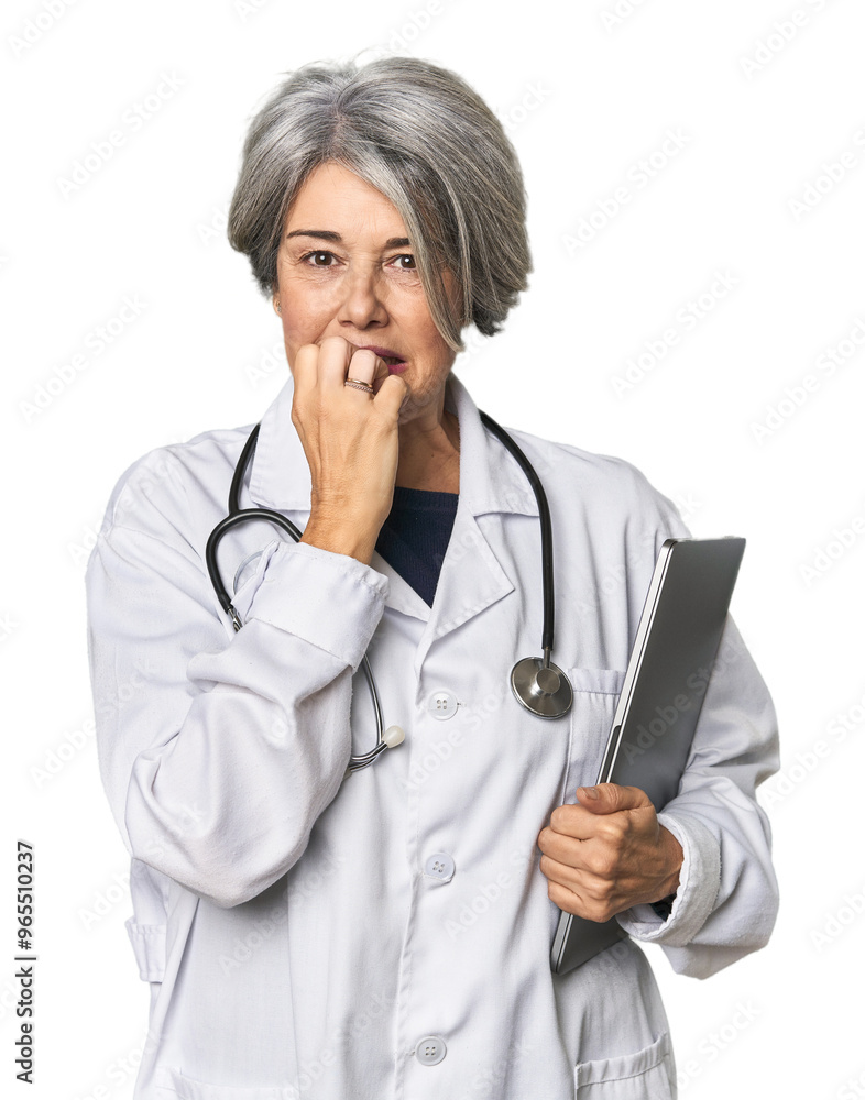 Caucasian mid-age doctor holding laptop biting fingernails, nervous and very anxious. Caucasian mid-age doctor holding laptop biting fingernails, nervous and very anxious.