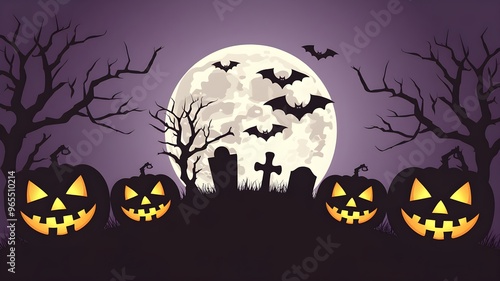 Haunted background with illustrations of pumpkins, a cemetery and bats in the middle of a full moon. Premium illustration forbanners, posters, greetings and Halloween celebrations.