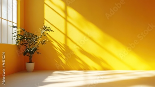 Yellow Wall with Sunlight and a Plant in a Pot photo