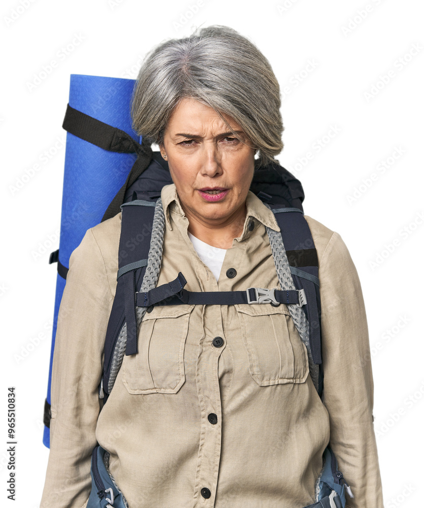Caucasian mid-age female with hiking gear shouting very angry, rage concept, frustrated. Caucasian mid-age female with hiking gear shouting very angry, rage concept, frustrated.