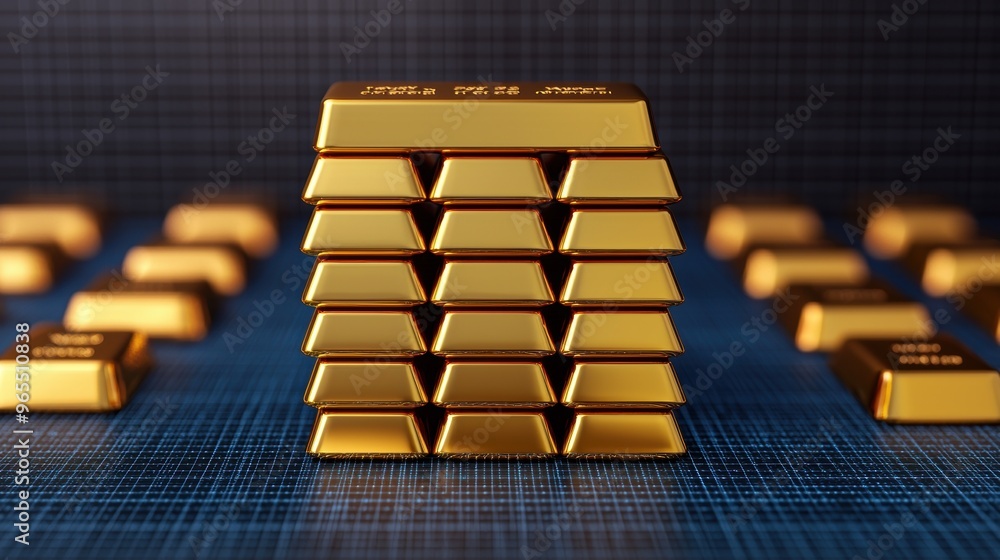 Digital Grid of Stacked Gold Bars for Wealth Management with Copy Space, Selective Focus in Digital Grid of Stacked Gold Bars for Wealth Management with Copy Space, Selective Focus in