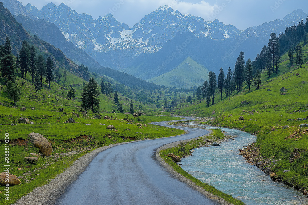 Fototapeta premium A mountain road with a river