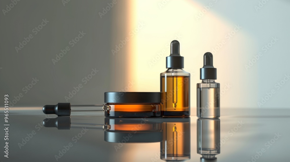 Minimalist skincare container and dropper bottle on reflective surface Minimalist skincare container and dropper bottle on reflective surface