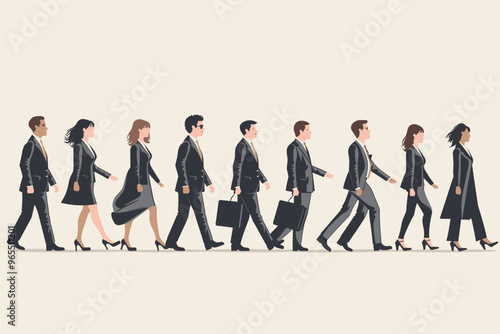 Businesspeople Marching in Unison like Clockwork Toys, Controlled by Big Boss Hand Directing Corporate Hierarchy