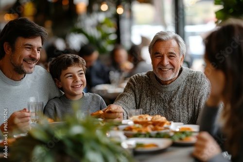 Happy people family concept laugh and have fun together with three different generations ages : grandfather father and young teenager son all together, Generative AI photo