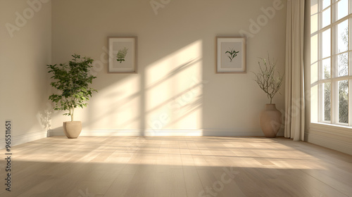 renovated room with cream-colored walls and light wood-grain vinyl flooring and light coming from windows