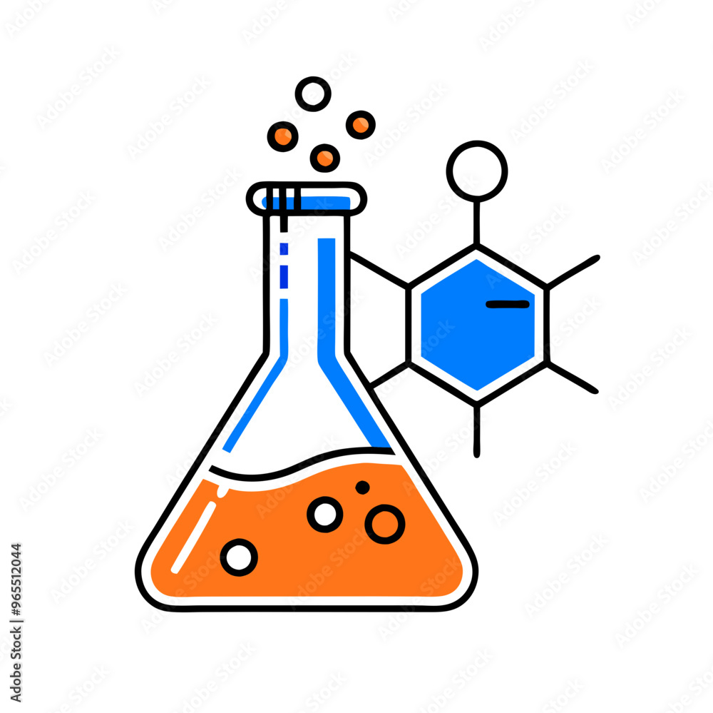 Chemical flask with orange liquid and molecule structure in blue for lab experiments Chemical flask with orange liquid and molecule structure in blue for lab experiments