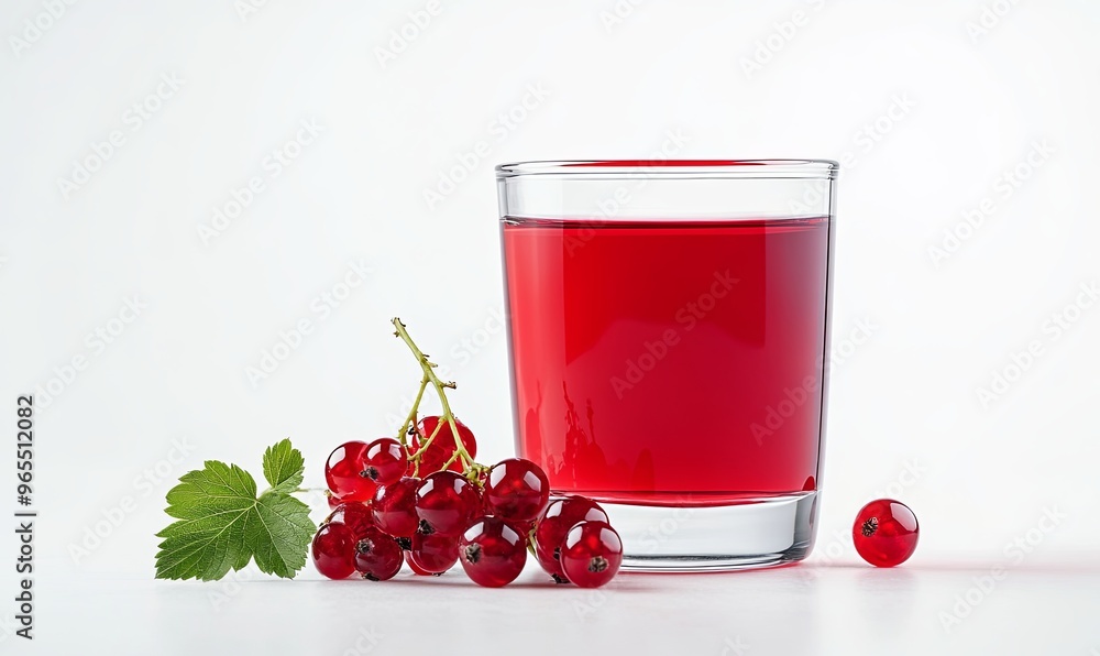 A bright redcurrant drink in a transparent glass, with its lively red hue standing out against the white backdrop A bright redcurrant drink in a transparent glass, with its lively red hue standing out against the white backdrop