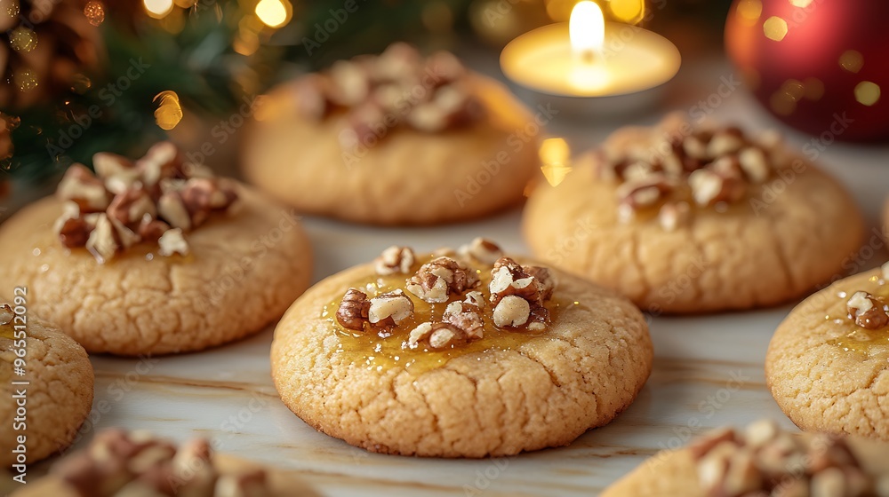 A close-up of golden Greek Melomakarona cookies, glistening with honey and topped with crushed walnuts, served on a festive table with Christmas decorations, glowing candles, and holiday garlands, A close-up of golden Greek Melomakarona cookies, glistening with honey and topped with crushed walnuts, served on a festive table with Christmas decorations, glowing candles, and holiday garlands,