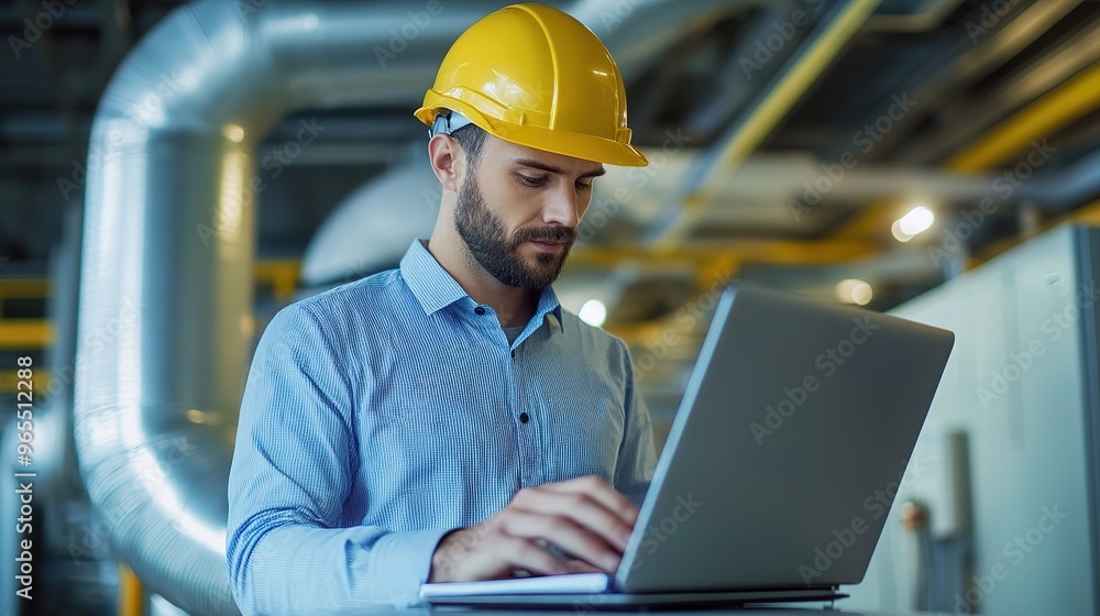 Professional Engineering workers in modern factories use laptop controlling programs for automatic machinery at industrial plants with a steam engine room. large machines working fully automatically. Professional Engineering workers in modern factories use laptop controlling programs for automatic machinery at industrial plants with a steam engine room. large machines working fully automatically.