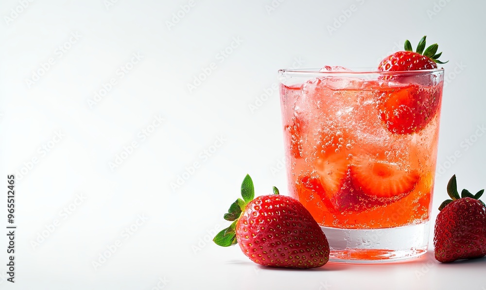A fresh strawberry drink in a clear glass, set against a pure white backdrop A fresh strawberry drink in a clear glass, set against a pure white backdrop