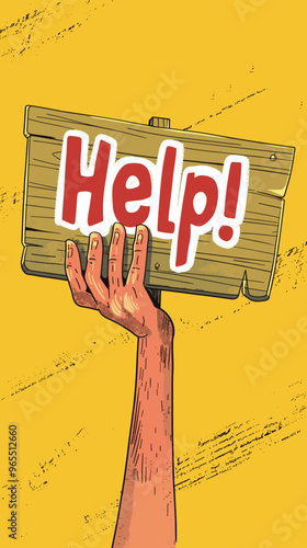 Cartoon Hand Holding "Help!" Sign: Coping with Digital Addiction