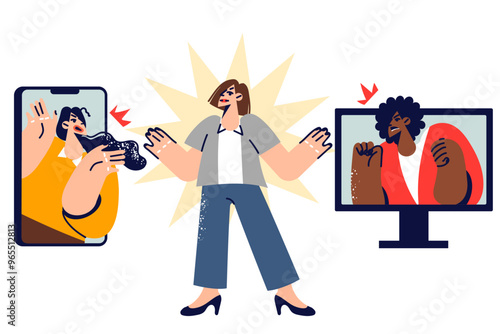 Woman arranges information detox by refusing to listen to news, stands near switched on phone and tv