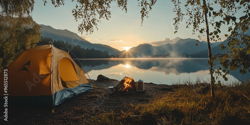 Camping tent and burning campfire near lake at sunrise with mountain background photo