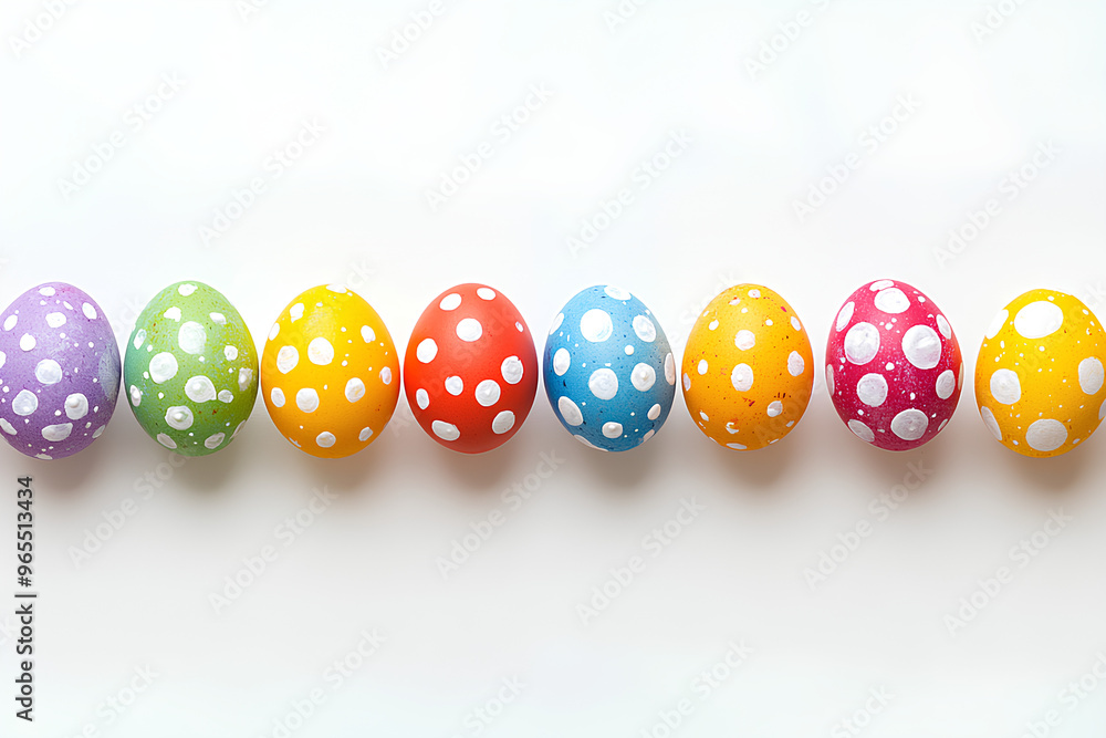 Fototapeta premium Colorful Easter eggs with polka dots arranged in a row on a white background.