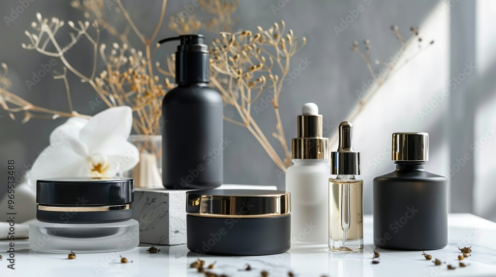 Premium skincare bottles and jars arranged stylishly with soft lighting. Premium skincare bottles and jars arranged stylishly with soft lighting.
