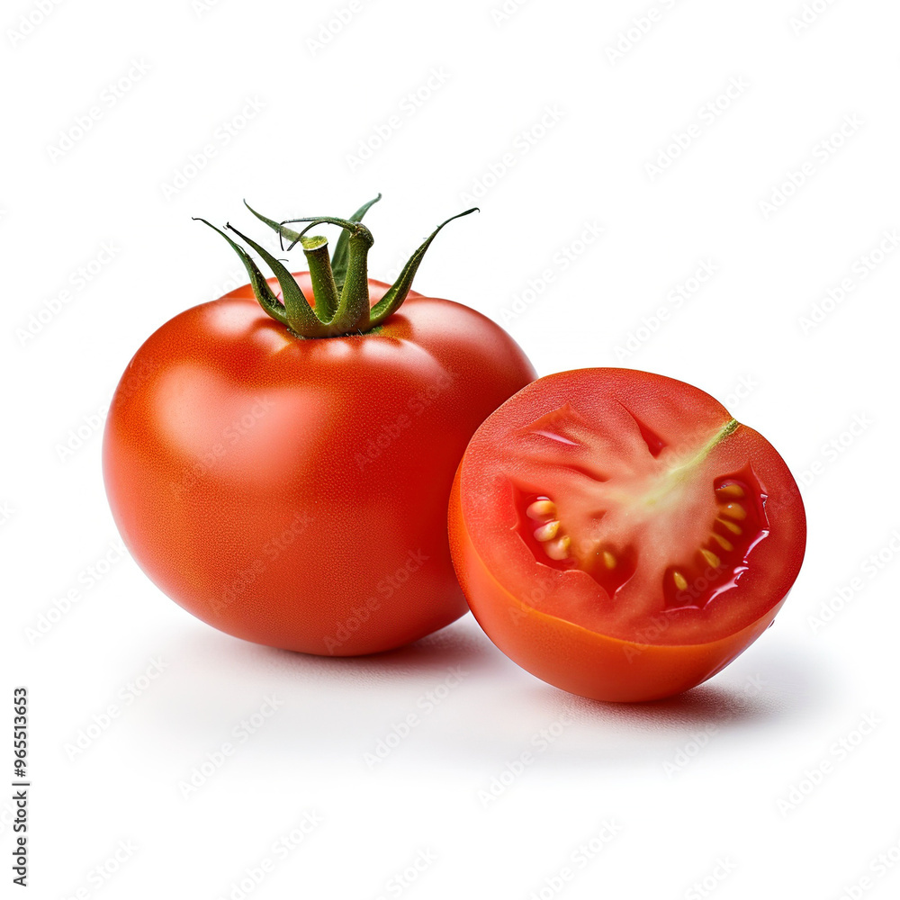 photo of two whole tomatoes and one tomato cut in half, on white background with no shadows photo of two whole tomatoes and one tomato cut in half, on white background with no shadows