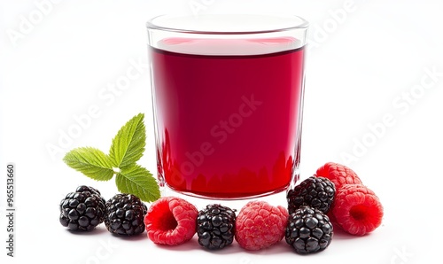 A vibrant red raspberry-blackberry mix drink in a transparent glass